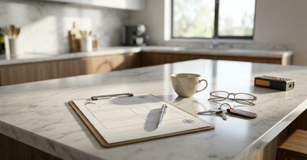 Clipboard, keys, glasses, and coffee on a kitchen island during a home appraisal.