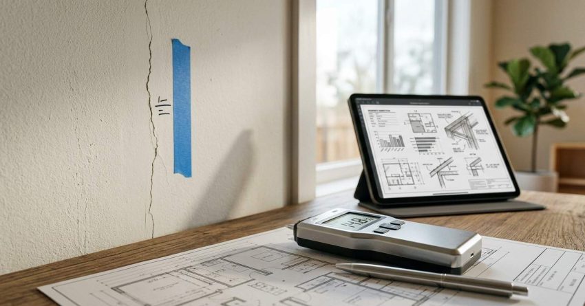 Wall crack inspection with moisture meter, plans, and engineering drawings on a desk.
