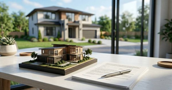 House model and property documents on a desk.