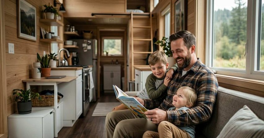 Parent reading with two children inside a cozy tiny home living space.