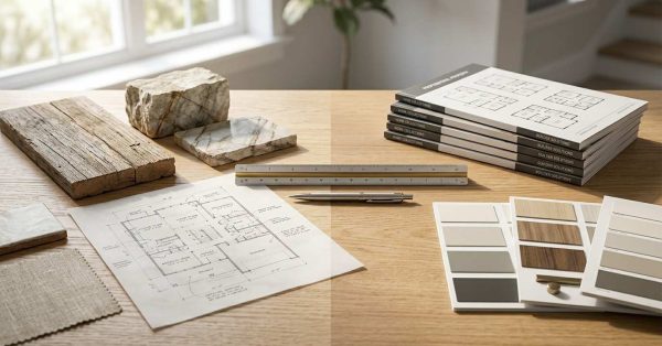 A wooden desk displaying architectural floor plans, color swatches, wood and stone material samples, and stacked home design booklets, showcasing planning for a custom or production home build under natural daylight by a window
