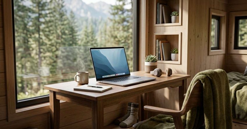 Remote workspace inside a tiny home with a laptop, desk, and forest view through large windows.