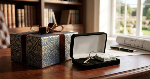 Gift box, house keys, and cash on a desk, symbolizing a real estate closing gift.