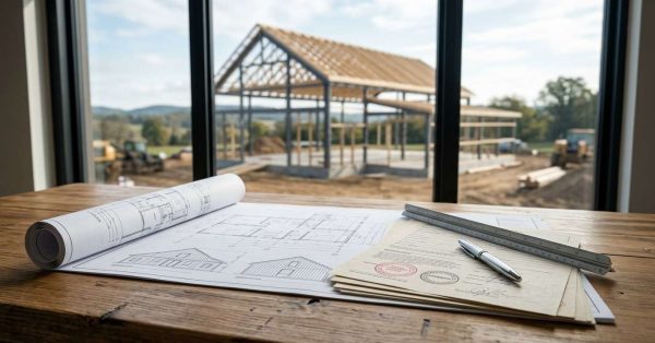 Barndominium permit documents and blueprints on a table overlooking a construction site.