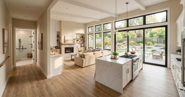 Open-concept modern home interior with a bright kitchen, living area, large windows, and backyard patio view.