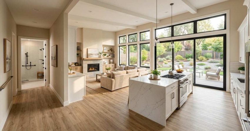 Open-concept modern home interior with a bright kitchen, living area, large windows, and backyard patio view.