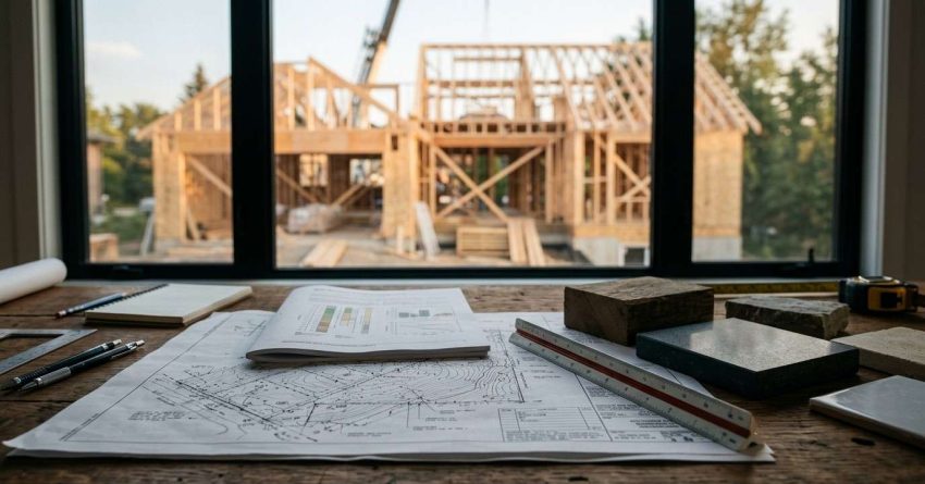 Land survey map, soil analysis report, and construction material samples displayed on a worktable with a new home framing project under construction in the background.