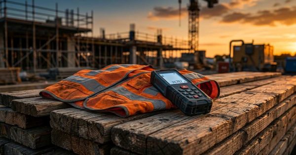 Safety vest and measuring device on a construction site.