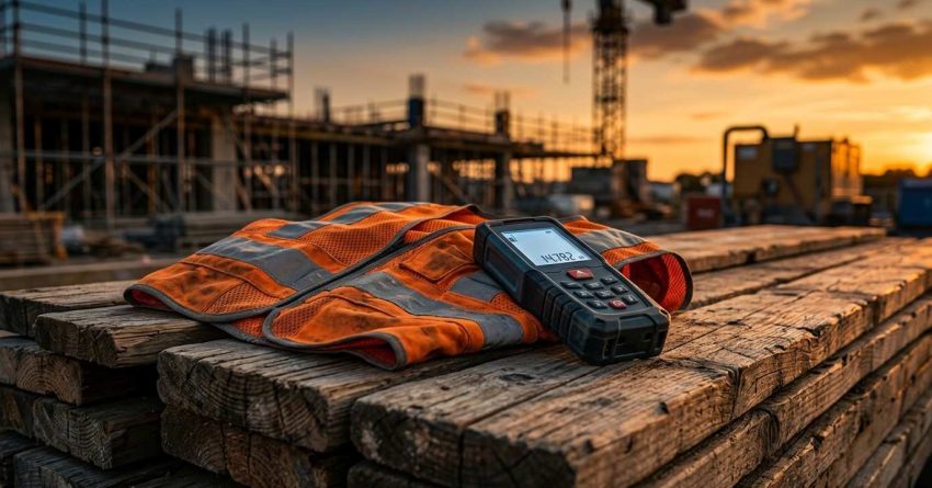 Safety vest and measuring device on a construction site.