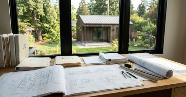 Architectural blueprints, plans, and measuring tools on a desk overlooking a completed backyard ADU through large windows.