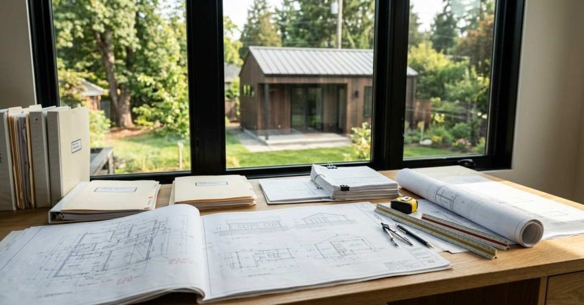 Architectural blueprints, plans, and measuring tools on a desk overlooking a completed backyard ADU through large windows.