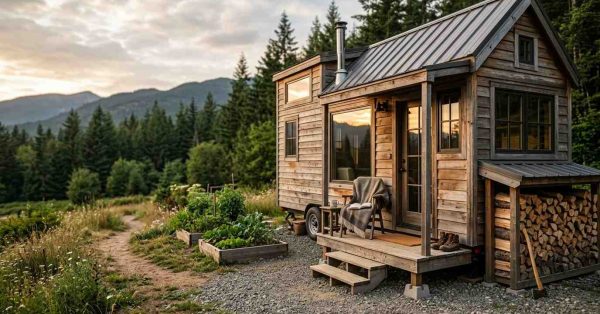 Rustic tiny house with a garden and wood storage, set in a mountain landscape at sunset.