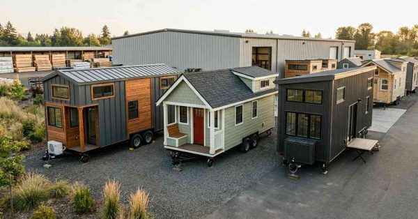 Collection of tiny houses on wheels displayed at a builder’s manufacturing and sales lot.