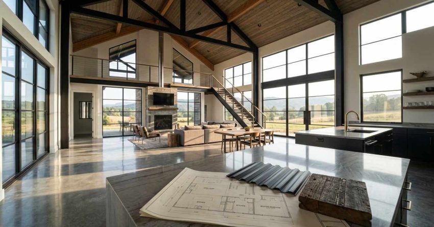 Modern barndominium interior with open floor plan, exposed beams, and design materials.