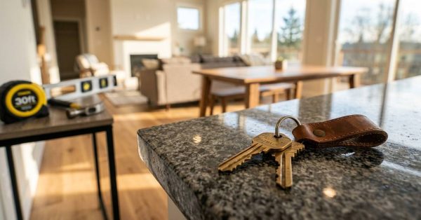 House keys on a countertop in a newly finished home.
