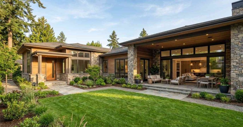 Modern single-story home with stone and wood exterior, covered patio, landscaped backyard, and large glass doors opening to the living area.