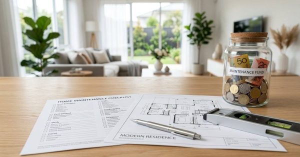 Home maintenance checklist and modern residence blueprint on a wooden table, next to a glass jar labeled 'Maintenance Fund' filled with coins and notes, with a spirit level and pen nearby, and a bright living room with plants and large windows in the background