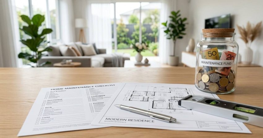Home maintenance checklist and modern residence blueprint on a wooden table, next to a glass jar labeled 'Maintenance Fund' filled with coins and notes, with a spirit level and pen nearby, and a bright living room with plants and large windows in the background