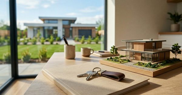 House keys and a modern home model on a desk.