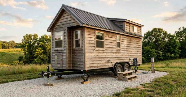Rustic tiny house on wheels parked on a gravel pad in a rural countryside setting.