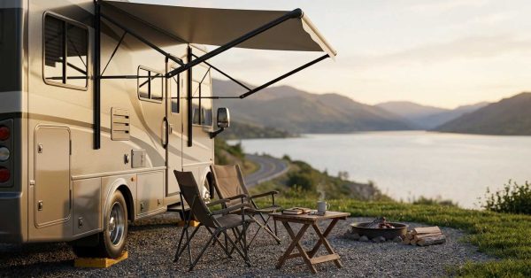 RV campsite overlooking a lake, with outdoor chairs, a fire pit, and mountain views at sunset.