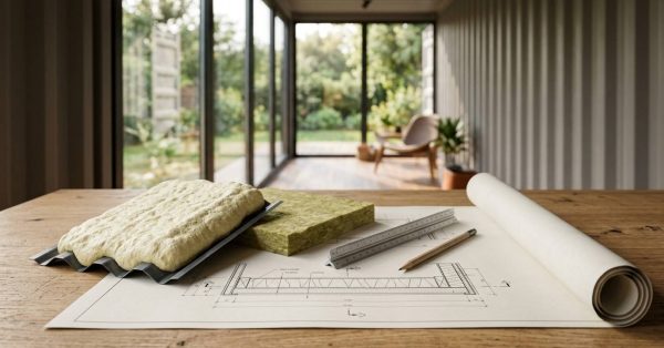 Shipping container insulation materials and construction plans on a worktable.