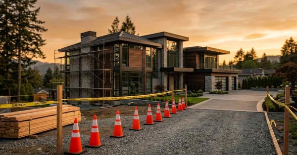 Luxury home under construction with safety cones and scaffolding.