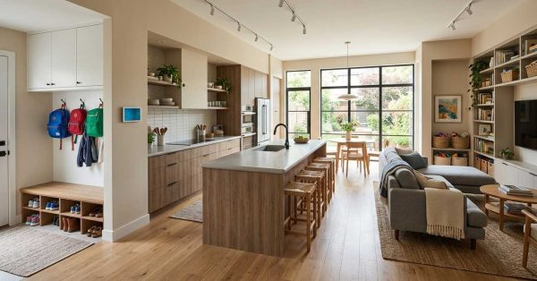 Modern family kitchen and living space with a large island, built-in storage, mudroom area, and floor-to-ceiling backyard windows.