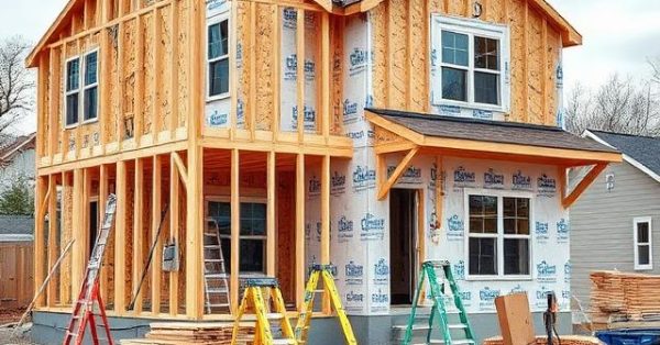 Partially completed suburban house under construction with exposed framing, plumbing, electrical wiring, HVAC ductwork, roofing components, and realistic job-site materials in natural daylight.