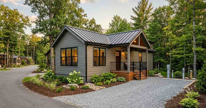 Park model home in a wooded RV resort community featuring a covered front porch, landscaped planting beds, gravel parking area, utility hookups, and neighboring cottage-style units along a private road, highlighting a compact residential retreat designed for seasonal or extended stays.