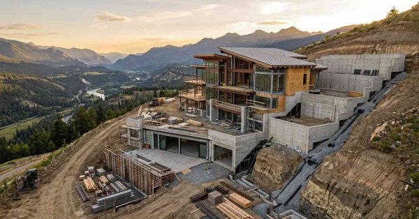 Luxury mountainside home under construction with terraced concrete foundation and panoramic valley views
