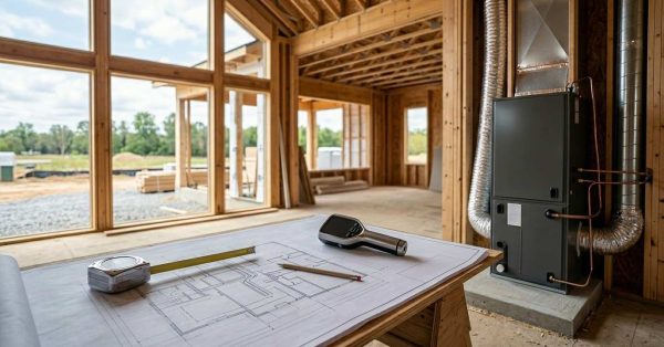 HVAC system installation planning in a new home construction with ductwork, furnace, and floor plans.