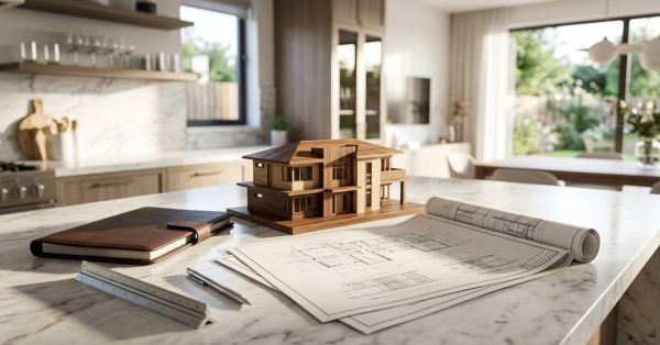 House model, architectural blueprints, and planning tools displayed on a modern kitchen countertop.