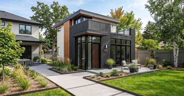 Modern detached ADU with black and wood exterior, large windows, balcony, landscaped yard, and patio seating area.