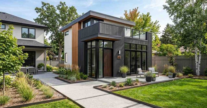 Modern detached ADU with black and wood exterior, large windows, balcony, landscaped yard, and patio seating area.