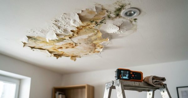 Severe ceiling water damage with peeling paint, mold growth, and a moisture meter on a ladder below.