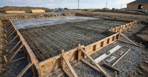 Concrete foundation slab under construction with rebar framework and wooden forms.