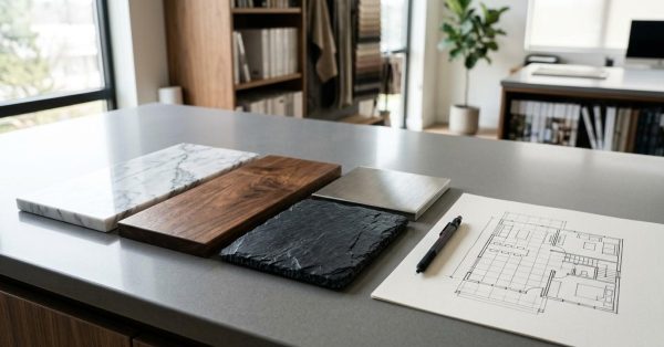Interior design material samples with a floor plan sketch.