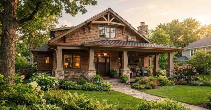 Beautiful Craftsman-style home with natural wood siding, stone columns, a covered front porch, landscaped garden, and lush green lawn at sunset.
