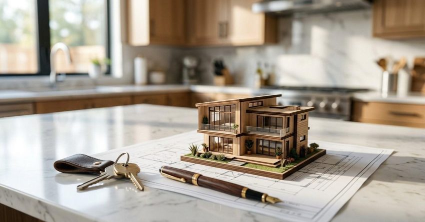 Modern house model, keys, fountain pen, and architectural blueprint arranged on a marble kitchen countertop.