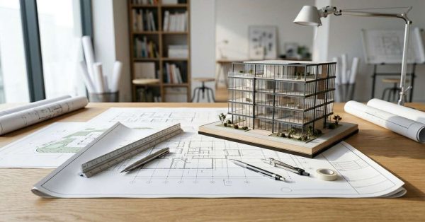 Architectural model of a modern multi-story building displayed on blueprints with drafting tools in a professional design studio.