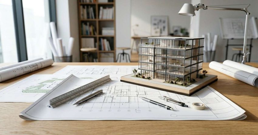 Architectural model of a modern multi-story building displayed on blueprints with drafting tools in a professional design studio.