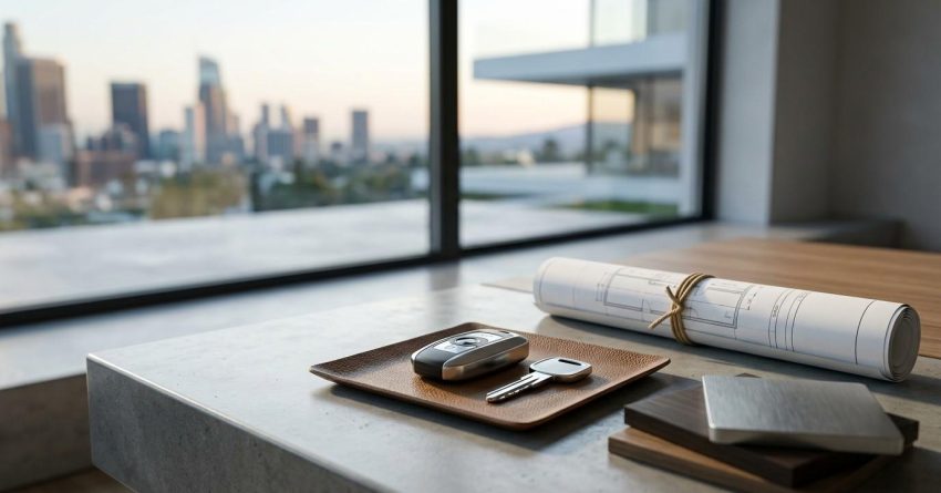 House keys, architectural plans, and material samples on a countertop overlooking a modern city skyline.