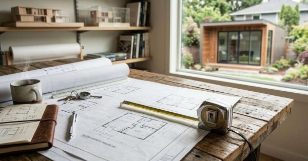 Architectural blueprints, measuring tape, notebook, and drafting tools on a rustic desk with a modern backyard ADU visible through the window, illustrating the ADU planning and design process.