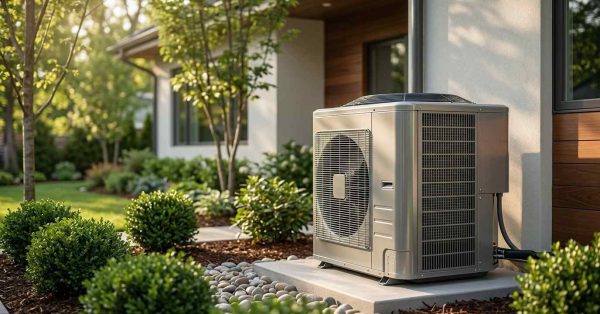 Outdoor HVAC condenser unit installed beside a modern home, surrounded by landscaped shrubs and decorative stone ground cover.