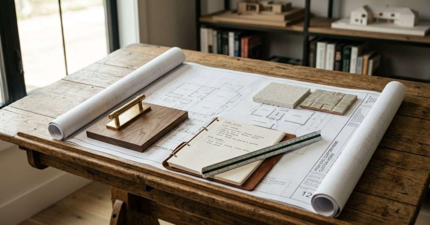 Architectural blueprints and construction planning materials on a design workspace table.