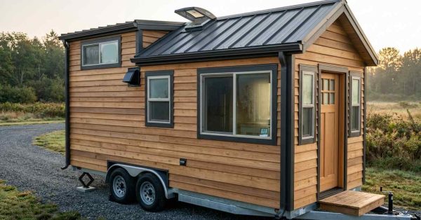Tiny house on wheels with wood siding, metal roof, and roof vent for moisture control.