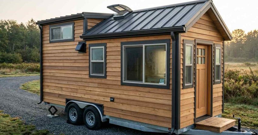 Tiny house on wheels with wood siding, metal roof, and roof vent for moisture control.