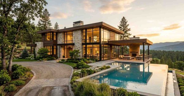 Luxury modern hillside home with floor-to-ceiling windows, infinity pool, landscaped grounds, and panoramic forest views at sunset.