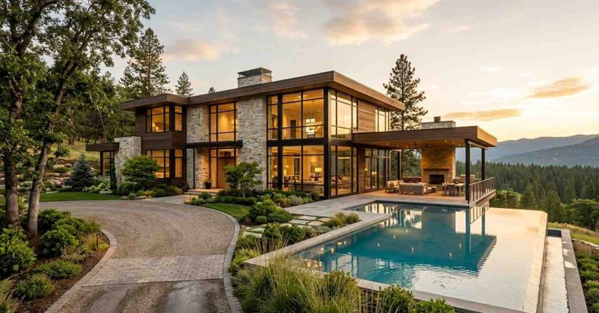 Luxury modern hillside home with floor-to-ceiling windows, infinity pool, landscaped grounds, and panoramic forest views at sunset.